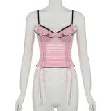 Women Sexy Sweet Ruffles Contrast Color Suspender Drawstring Mesh See-Through Top