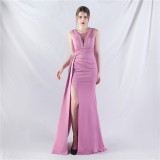 Women Pleated Satin Evening Dress