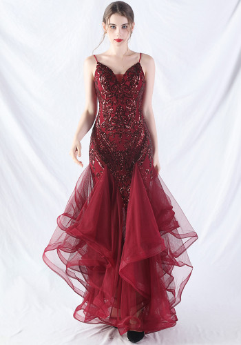 Women Sequin Patchwork Mesh Evening Dress