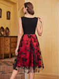 Sleeveless Butterfly Embroidery Chic Evening Dress Patchwork Contrast Red Party Gown