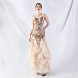 Women Sequin Patchwork Mesh Evening Dress