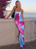 Women Floral Printed Sexy Backless Slit Suspender Bodycon Maxi Dress