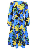 Women's Chic Print Slim Waist Long Sleeve Midi Casual Dress