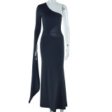 Women's Solid Color Sexy One-Shoulder Sleeveless Bell Bottom Sleeve Hollow Chic Dress