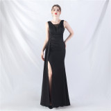 Women Pleated Satin Evening Dress