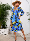 Women's Chic Print Slim Waist Long Sleeve Midi Casual Dress