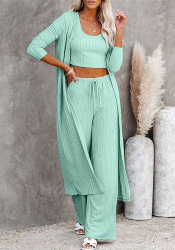 Women Solid Ribbed Drawstring Casual Three-Piece