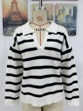 Autumn And Winter Women's Fashion Stripe Turndown Collar Loose Knitting Sweater