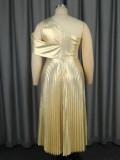 Summer Elegant One Shoulder Sleeveless Gold Pleated Formal Party Dress