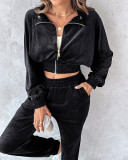 Women Turndown Collar Zipper Velvet Hoodies And Casual Sweatpants Two-Piece Set