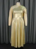 Summer Elegant One Shoulder Sleeveless Gold Pleated Formal Party Dress