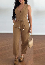 Women Sleeveless Vest and Lace-Up Cropped pants two-piece set