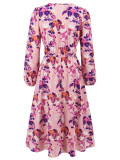 Women's Chic Print Slim Waist Long Sleeve Midi Casual Dress