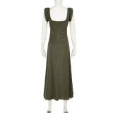 Vintage Olive Green Ruffled Patchwork Flying Sleeve Dress Chic V-Neck Slim Waist  A-Line Long Dress