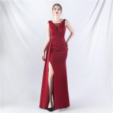 Women Pleated Satin Evening Dress