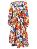 Women's Chic Print Slim Waist Long Sleeve Midi Casual Dress