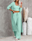 Women Solid Ribbed Drawstring Casual Three-Piece