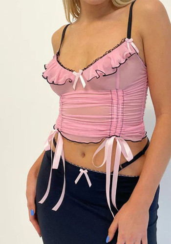 Women Sexy Sweet Ruffles Contrast Color Suspender Drawstring Mesh See-Through Top