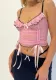 Women Sexy Sweet Ruffles Contrast Color Suspender Drawstring Mesh See-Through Top