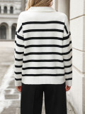 Autumn And Winter Women's Fashion Stripe Turndown Collar Loose Knitting Sweater