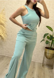 Women Solid Ribbed Sleeveless Top and Pants Casual Two-Piece Set