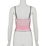 Women Sexy Sweet Ruffles Contrast Color Suspender Drawstring Mesh See-Through Top