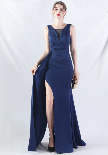 Women Pleated Satin Evening Dress