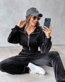 Women Turndown Collar Zipper Velvet Hoodies And Casual Sweatpants Two-Piece Set