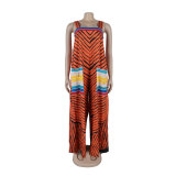 Sexy Print Contrast Color Oversized Wide Leg Strap Jumpsuit