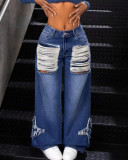 Plus Size Women Fall and Winter Star Applique Tassel Raw Edge Loose Straight Casual Blue Denim Wide Leg Pants