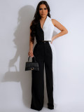 Summer Women's Contrast Color Patchwork Turndown Collar Vest Loose Wide Leg Pants Career Suit