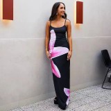 Women Floral Printed Sexy Backless Slit Suspender Bodycon Maxi Dress