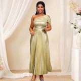 Summer Elegant One Shoulder Sleeveless Gold Pleated Formal Party Dress