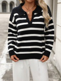 Autumn And Winter Women's Fashion Stripe Turndown Collar Loose Knitting Sweater