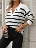 Autumn And Winter Women's Fashion Stripe Turndown Collar Loose Knitting Sweater