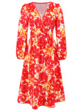 Women's Chic Print Slim Waist Long Sleeve Midi Casual Dress