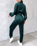 Women Turndown Collar Zipper Velvet Hoodies And Casual Sweatpants Two-Piece Set