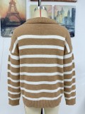 Autumn And Winter Women's Fashion Stripe Turndown Collar Loose Knitting Sweater