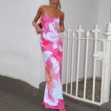 Women Floral Printed Sexy Backless Slit Suspender Bodycon Maxi Dress