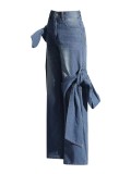 Women Lace-Up Pocket Wide Leg Straight Denim Pants