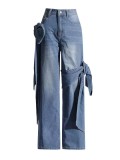 Women Lace-Up Pocket Wide Leg Straight Denim Pants