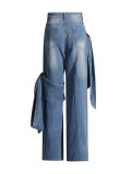 Women Lace-Up Pocket Wide Leg Straight Denim Pants