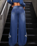 Plus Size Women Fall and Winter Star Applique Tassel Raw Edge Loose Straight Casual Blue Denim Wide Leg Pants