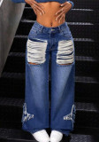 Plus Size Women Fall and Winter Star Applique Tassel Raw Edge Loose Straight Casual Blue Denim Wide Leg Pants