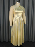 Summer Elegant One Shoulder Sleeveless Gold Pleated Formal Party Dress