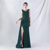 Women Pleated Satin Evening Dress