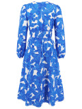 Women's Chic Print Slim Waist Long Sleeve Midi Casual Dress