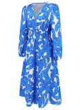 Women's Chic Print Slim Waist Long Sleeve Midi Casual Dress