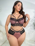 Plus Size Sexy Lingerie Contrast Color Lace Bra Thong Two-Piece Set