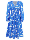 Women's Chic Print Slim Waist Long Sleeve Midi Casual Dress